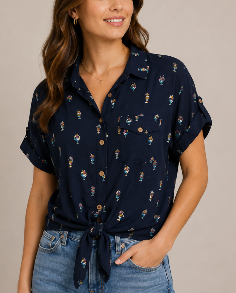 Love Notes Women's Navy Ice Cream Print Tie Front Shirt M Rayon Button Up Top
